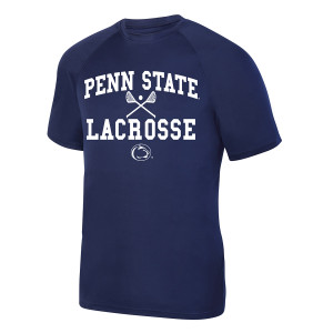 navy short sleeve performance t-shirt Penn State Lacrosse with sticks and ball